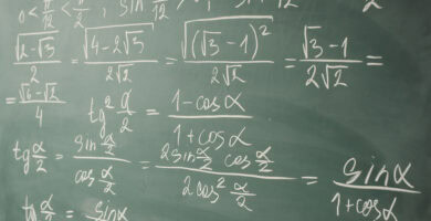 Algebra, mathematics. Trigonometry and elementary functions written on the chalkboard.