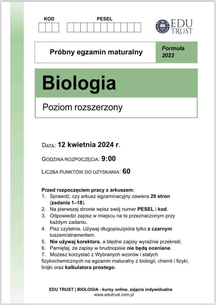 Matura próbna z biologii 2024 + omówienie na żywo + nagranie - arkusz
