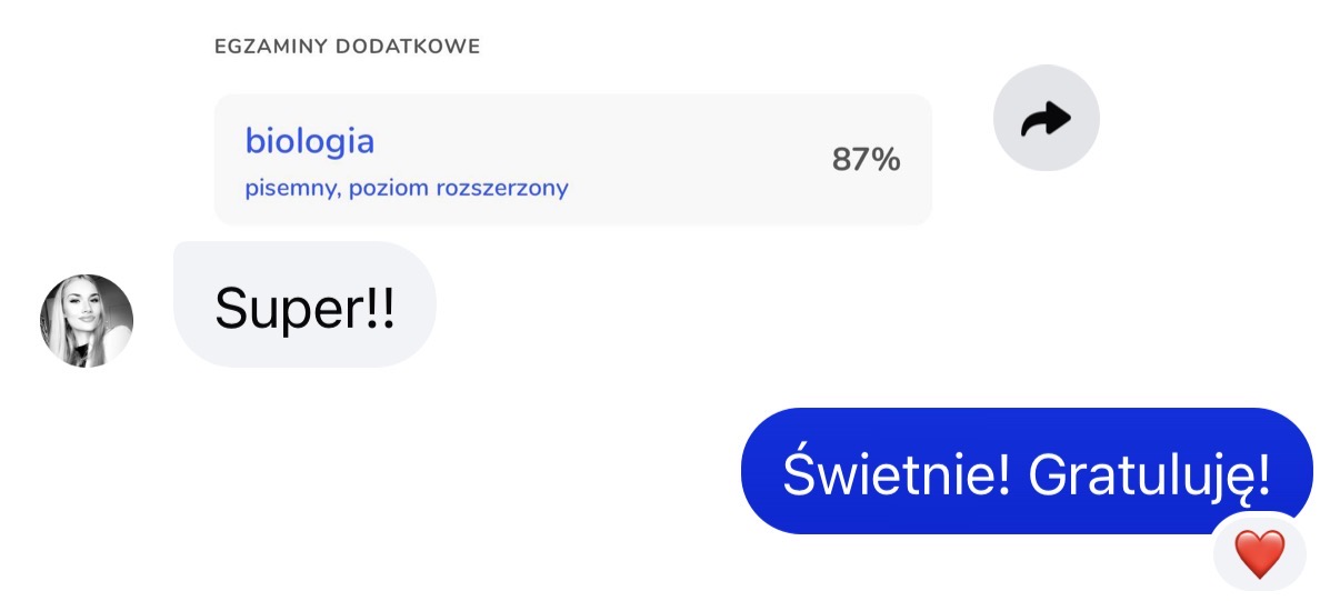 Zrzut z systemu wyników: biologia, poziom rozszerzony — 87 procent