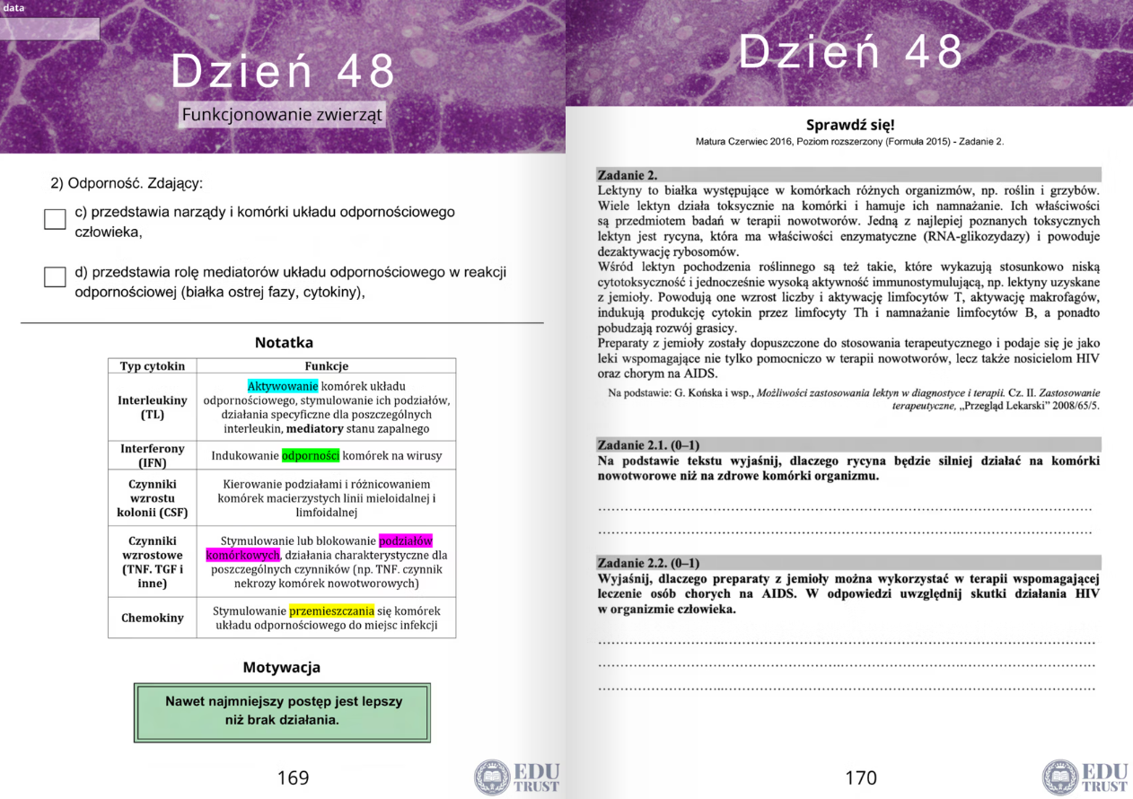 Widok planera maturalnego z biologii — checklisty zagadnień