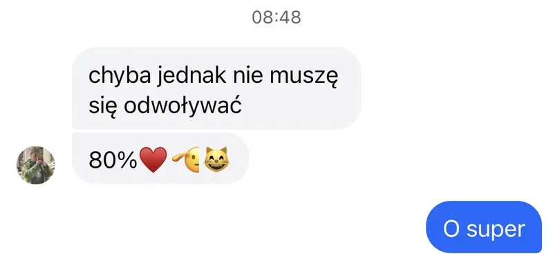 Wiadomość od kursanta: „chyba jednak nie muszę się odwoływać”, wynik 80 procent