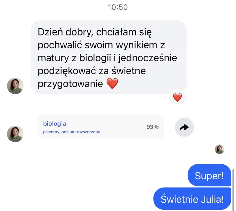 Wiadomość od kursantki: „chciałam się pochwalić swoim wynikiem z matury z biologii i jednocześnie podziękować za świetne przygotowanie”, obok wynik z systemu: biologia rozszerzona 93 procent